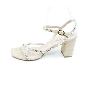 Stuart Weitzman Harlowe Nude Suede Rhinestone Strappy Block Heel Sandals US 9.5